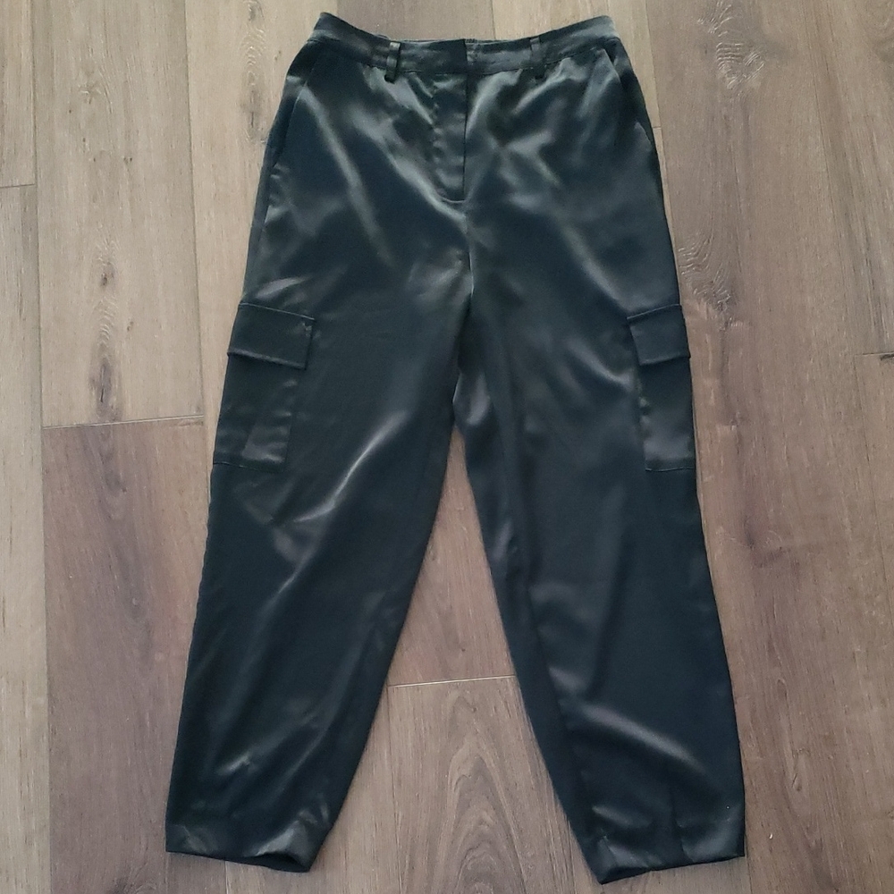 Black Satin Cargo Pants